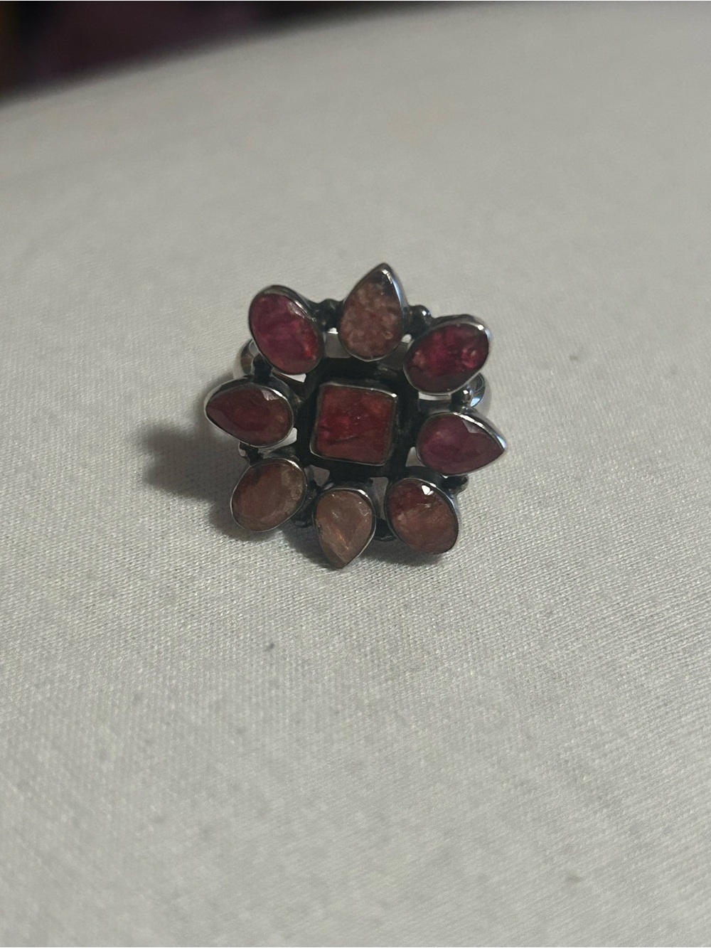 Sterling Silver Floral Cluster Ring with Red-Pink Gemstones